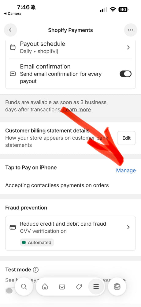 Shopify Payments settings on iPhone showing the Tap to Pay on iPhone Manage link