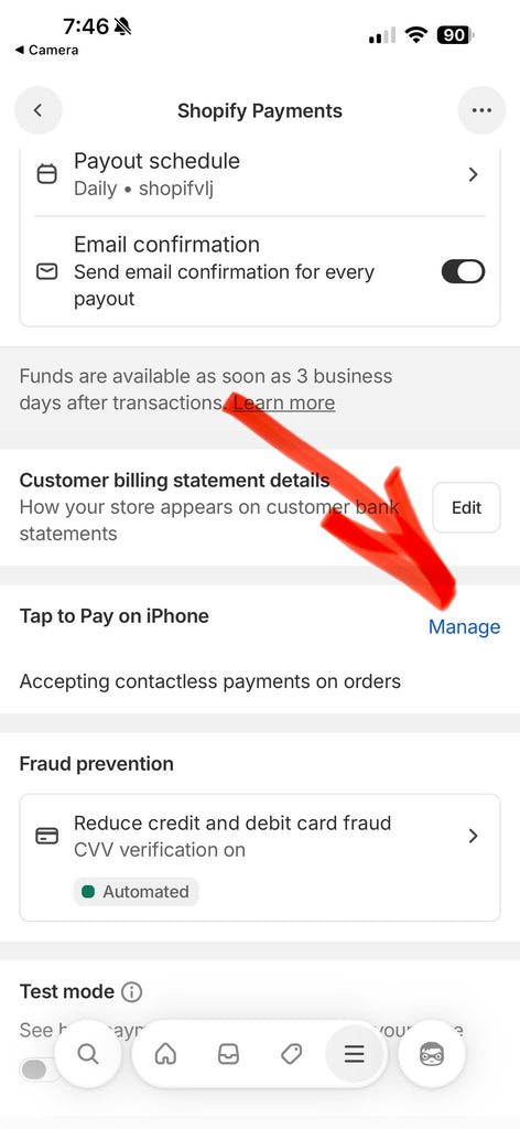 Shopify Payments settings on iPhone showing the Tap to Pay on iPhone Manage link